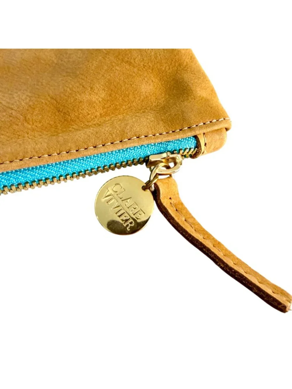 Clare V. Clare Vivier XL Leather Foldover Clutch Tan Turquoise Mint Inside EUC